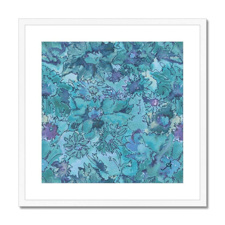Fine art 20"x20" / White Frame Watercolour Daisies Blue Amanya Design Framed & Mounted Print Prodigi