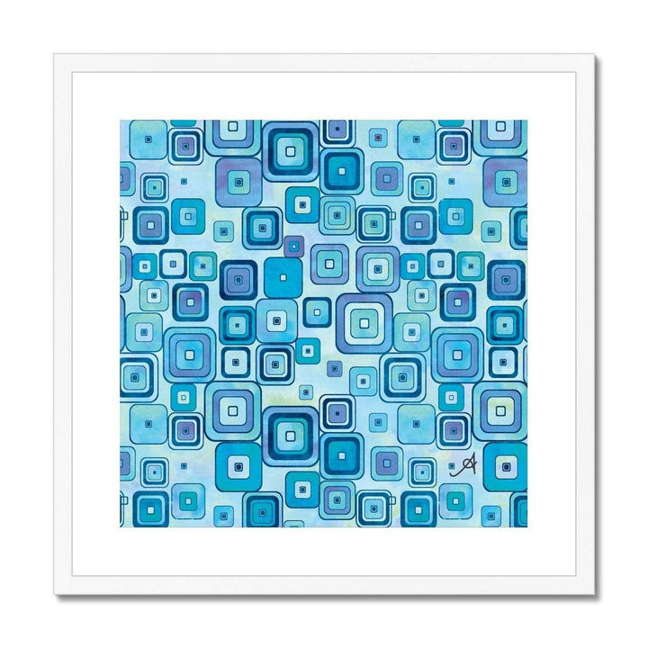 Fine art 20"x20" / White Frame Watercolour Squares Blue Amanya Design Framed & Mounted Print Prodigi